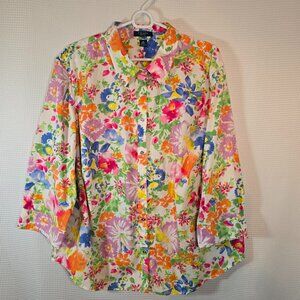 Chaps Floral Button Front Blouse Women’s 3X Cotton Colorful Spring Garden Shirt